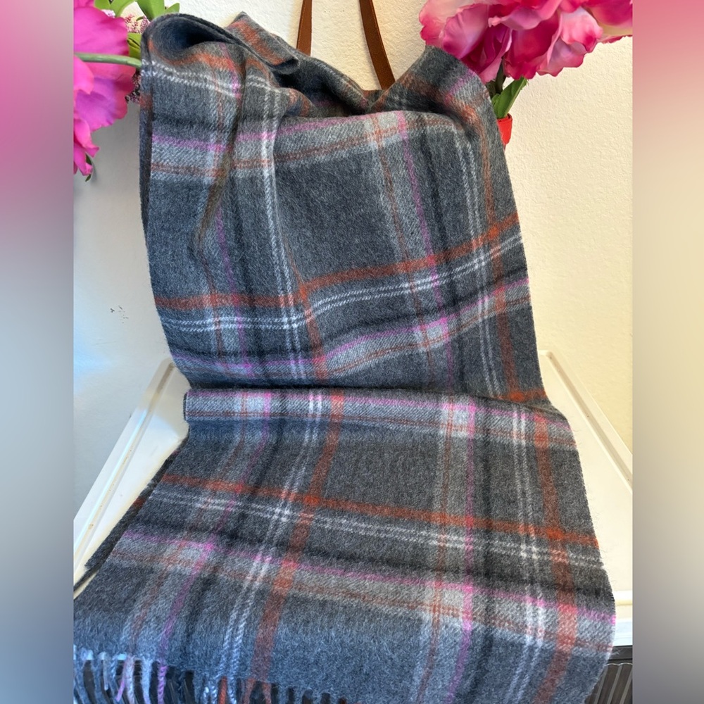 LOUISA  PERINI 100% Cashmere Plaid Scarf with Fringe, Grey, Pink, Orange, Black
